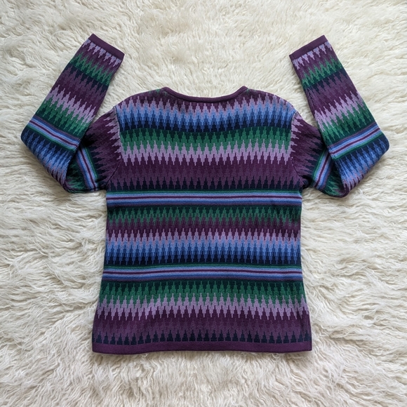 Women's Vintage Liz Claiborne Purple Green Blue Zigzag Cotton Sweater Medium - Picture 4 of 5